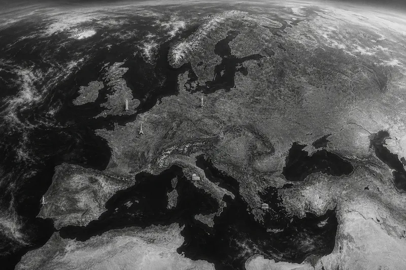 Black and white satellite-style view of Europe with subtle landmark markers — illustrative only