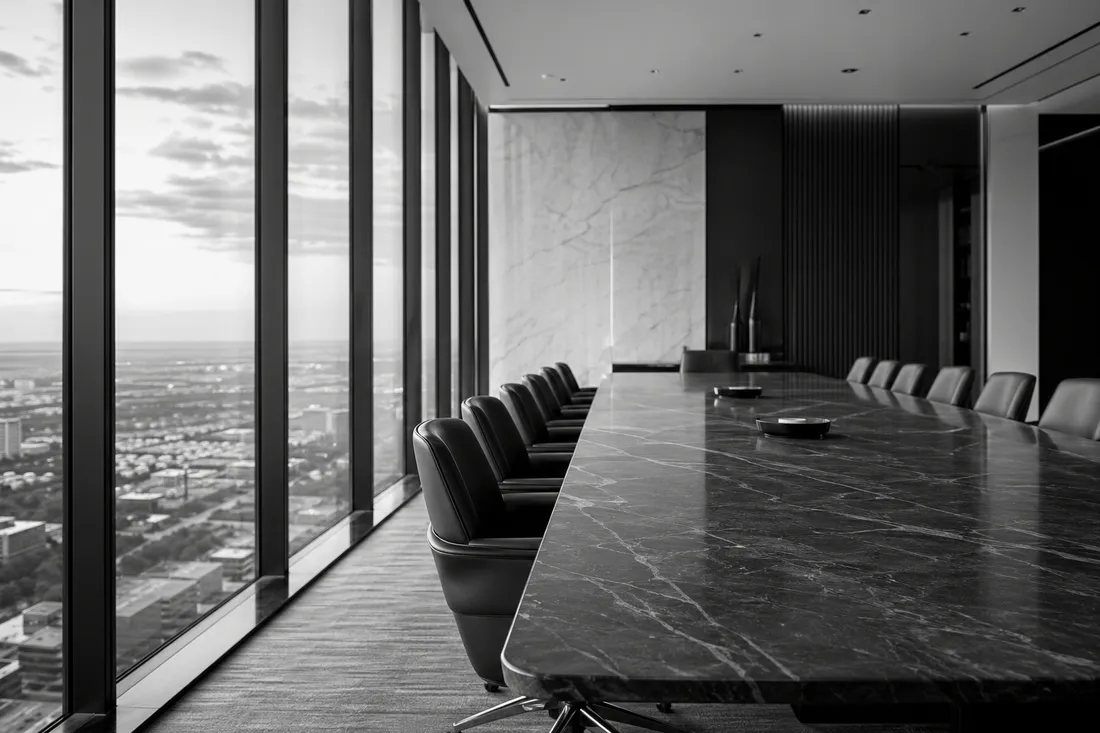 Executive workspace with city outlook suggesting consolidated governance