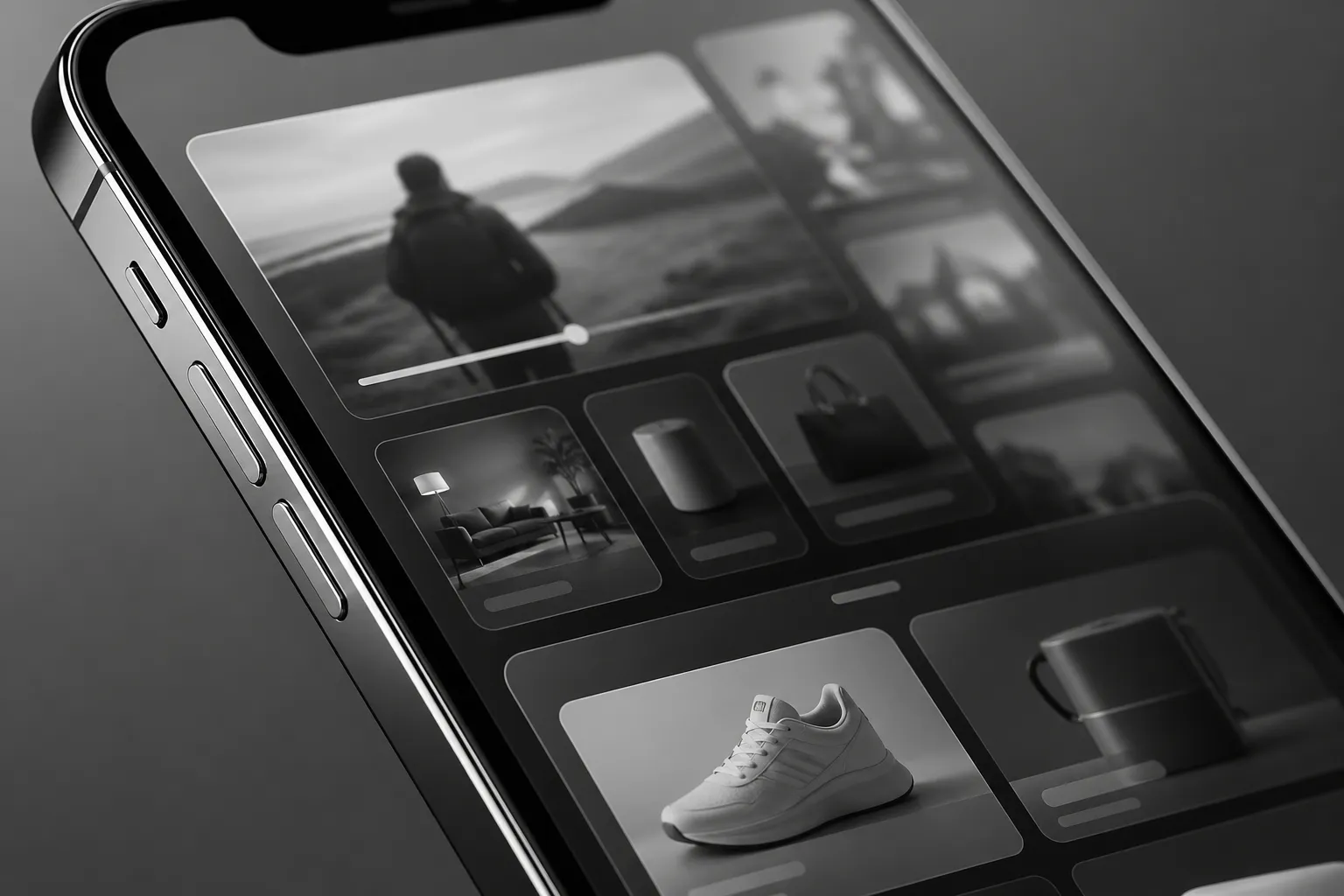 Glass handset layers implying storefronts, video feeds, and messaging unified